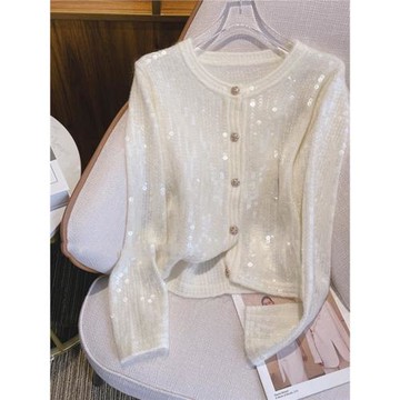 小香風白色亮片針織開衫女2025春秋季新款名媛氣質高級感長袖外套