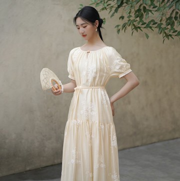 【繡花】新中式復古中國風 收腰優雅長裙