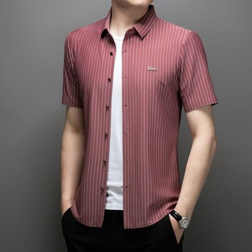 男裝新款夏季冰丝衬衫男士高档t恤翻领半截袖POLO条纹衬衣