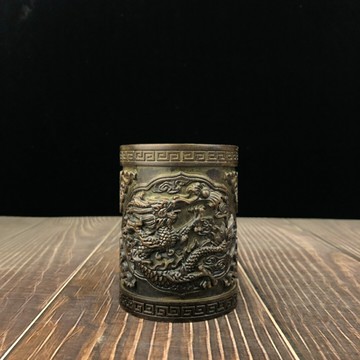 黃銅純銅浮雕龍紋筆筒擺件復古收藏書房辦公室用品教師節工藝禮品