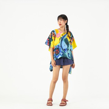 Poncho Blouse Linen Hand Paint For Summer Beach Vacation