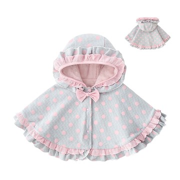 JoyNa - 保暖加絨斗篷 公主風 寶寶披風 加絨/棉布-灰底粉點花邊