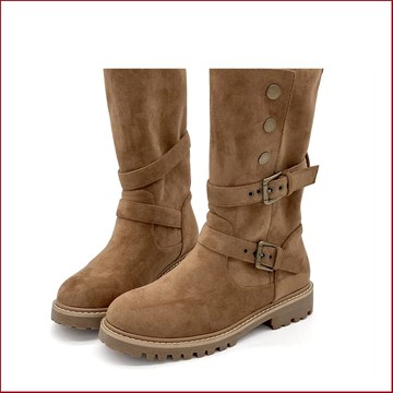中筒靴 厚底靴 沙丘旅人2WAY西部雙飾扣厚底顯瘦中筒靴ROBINLO (KAIYA 奶霧可可)