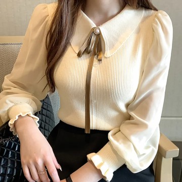 女士毛衣 女春秋外穿長袖 修身打底衫 娃娃領雪紡衫 燈籠袖拼接針織衫 內搭長袖上衣 女生針織毛衣【不二雜貨】