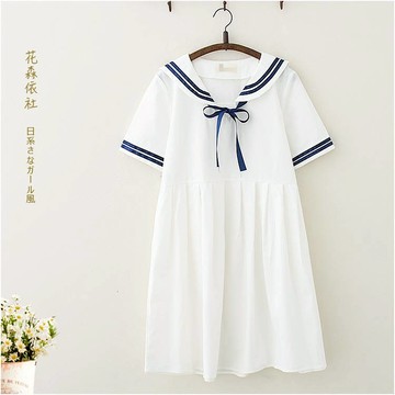 初中女生夏裝海軍風系帶少女棉麻連衣裙女學生軟妹寬松水手服裙子
