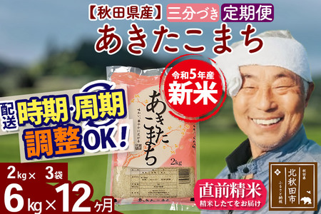 《定期便12ヶ月》＜新米＞秋田県産 あきたこまち 6kg(2kg小分け袋) 令和5年産 配送時期選べる 隔月お届けOK お米 おおもり