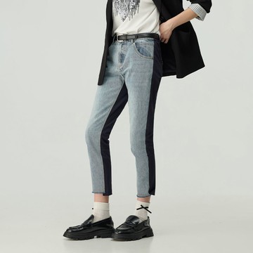 OUWEY歐薇 後鬆緊撞色拼接牛仔褲(藍；S-L)