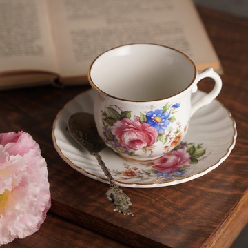 1955英國Old Foley芍藥野花描金茶杯/咖啡杯組