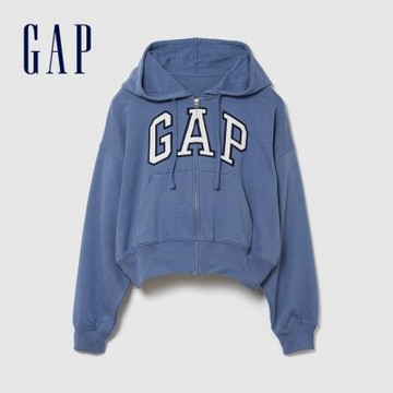 【GAP】寬鬆版Gap Logo法式毛圈布拉鍊連帽外套-灰藍色(887993)