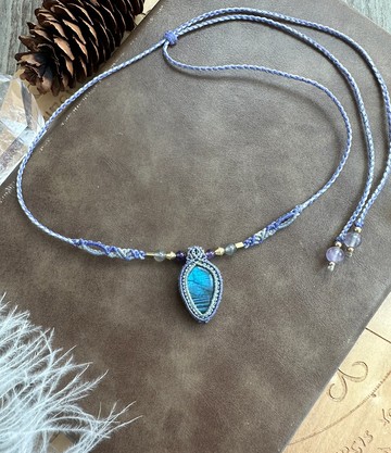 N932 蠟線編織 拉長石 紫水晶珠 銅珠 項鍊  (可調長度)