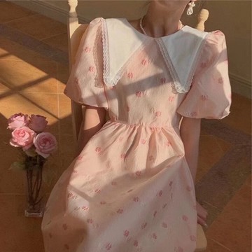 春夏2022新款超仙女溫柔風氣質法式初戀高級感藕粉色碎花連衣裙子