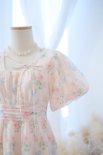 藍色雪紡碎花洋裝 泡泡袖