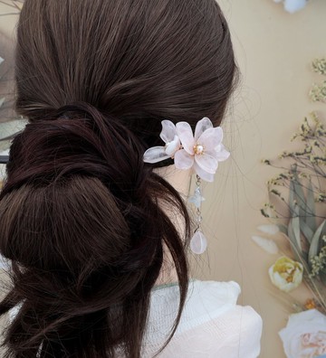 檸檬手作髮飾  粉晶玉蘭花黑檀木髮簪/銅簪/髮釵(可做一對)