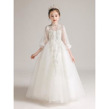 兒童禮服公主裙白色紗裙鋼琴演奏女童走秀生日蓬蓬裙花童婚紗裙子