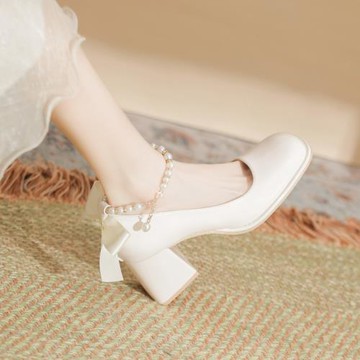 MZ-10法式瑪麗珍鞋新款珍珠絲帶漆皮仙女風粗跟單鞋大碼胖腳寬腳