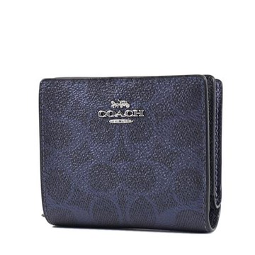 COACH 緹花LOGO防刮皮革釦式拉鍊袋短夾-海軍藍