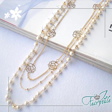 【伊飾童話】亮片玫瑰 珍珠多墬毛衣長鍊