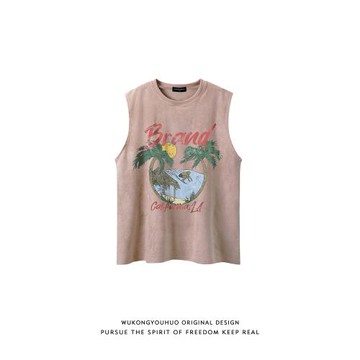 悟空有貨夏季美式麂皮絨印花粉色坎肩背心男復古寬松情侶無袖T恤