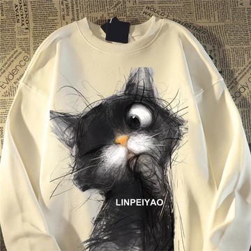 美式復古貓咪卡通印花圓領衛衣男女春秋寬松復古慵懶chic情侶外套