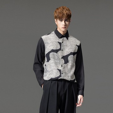 秋季拼接印花襯衫  裁魂系列男士尖領長袖休閑襯衣