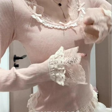 臺灣/✨假兩件甜美純欲粉色少女蕾絲假兩件長袖ins打底衫蝴蝶結百搭獨特上衣潮