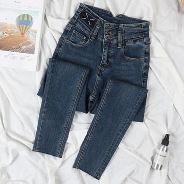 特價清倉！有黑色！特色褲腰！三排扣高腰牛仔褲女顯瘦緊身小腳褲