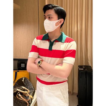 夏季新款翻領修身t恤男士短袖 高級洋氣圣誕拼色衣服條紋polo衫男