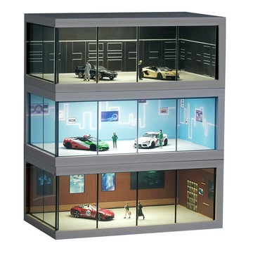 1:64車模停車場車庫場景模型汽車展廳玩具車收納架防塵展示盒帶燈【LES積木】