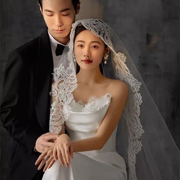 免運/ 可開票 快速出貨 新款復古蕾絲花邊長款拖尾頭紗有花婚紗攝影拍照跟妝造型頭紗