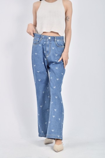 加購優惠(M) 96 place高腰質感丹寧牛仔棉質鬆緊腰蝴蝶結藍色長褲