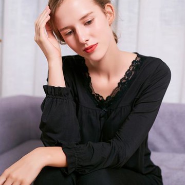 莫代爾帶胸墊長袖睡衣2件套分體套裝寬松大碼V領家居服女春秋薄款