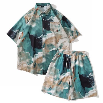 夏季美式復古休閒水墨暈染襯衫套裝 感港風短袖花襯衫上衣