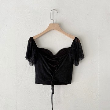 訂製系列-法式馬甲綁帶飄袖上衣(純黑蕾絲)