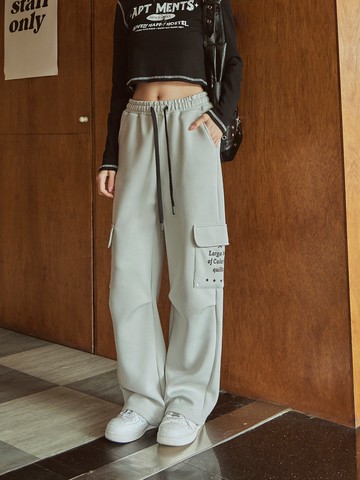 全鬆緊空氣棉繡花寬版長褲-灰色