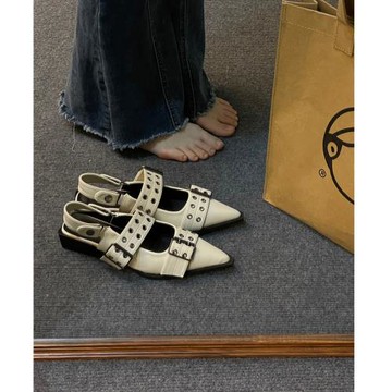 羊皮版！法式尖頭瑪麗珍鞋復古英倫粗跟單鞋配裙子包頭涼鞋后空