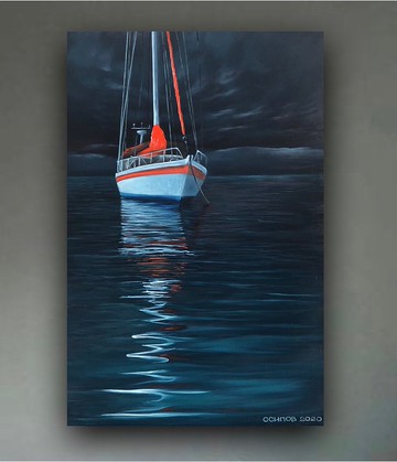 原創油畫在帆布船海景遊艇畫風雨如磐的風景