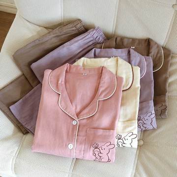 刺繡兔春夏女長袖長褲睡衣100%全棉雙層紗布可外穿家居服套裝薄款柔軟親膚透氣排汗女生居家睡衣套裝