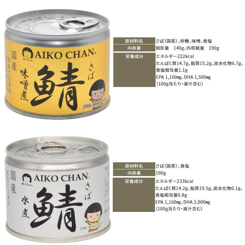 伊藤食品　あいこちゃん鯖（さば）缶詰　190g　選べる12個　水煮／食塩不使用／醤油／味噌　国産　AIKOCHAN