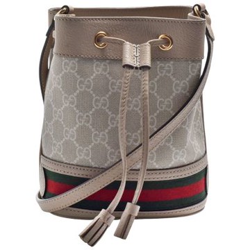 GUCCI 古馳 經典Ophidia帆布印花綠紅綠織帶皮革飾邊束口水桶包(迷你-燕麥色)