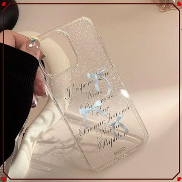 ✨透明保護殼✨奶藍絲帶蝴蝶結適用蘋果16手機殼iPhone15閃粉14透明13氣囊12軟11