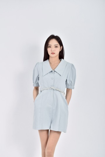 (S) air space高腰質感短袖藍色綁帶連身裝