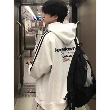 美式復古潮牌痞帥高街三條杠加絨連帽衛衣男生秋冬裝條紋情侶外套