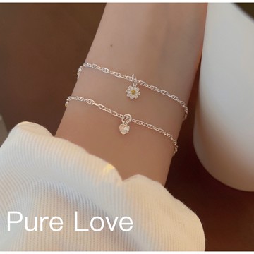 Pure Love樂芙 / 正韓 銀飾【S925純銀】B0601簡約通體純銀手鍊月光石愛心小雛菊豬鼻手鏈 / 二款