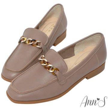 Ann’S典雅琥珀鍊帶全真皮平底樂福鞋-可可