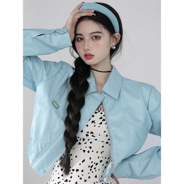 (免運)一頭阿瓜 天藍色短款外套女2025年春季新款小清新設計感皮衣夾克