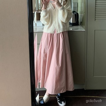 時尚簡約夏季新款少女粉純色全鬆緊腰半身裙女法式女中長款傘裙女 中長裙 半身裙 後鬆緊腰 長裙 百褶