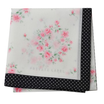 PRIVATE LABEL 繽紛玫瑰花銀蔥字母LOGO圖騰帕領巾(米白底/黑邊)