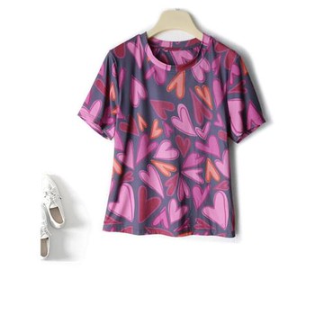 耀眼涂鴉彩色愛心圖減齡漂亮短袖圓領T恤衫彈力小衫薄上衣夏季女