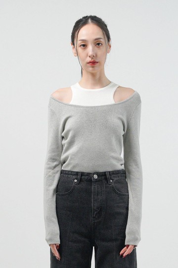 羊毛混紡弧領針織上衣 - 淺灰