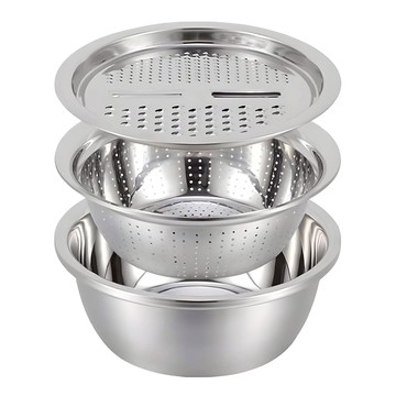 新錸家居 304不鏽鋼多功能瀝水籃料理盆3件組 洗切一體設計 適用於洗菜/盛湯/瀝水/洗米 帶4種刨絲方式 1個 28cm 4000ML  28cm  4000ML
